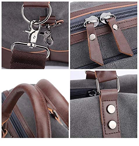 A black and brown Parvus 42L Duffel Bag, perfect as a weekend bag, travel bag, and carry-on luggage. This stylish and durable bag features seven pockets and genuine leather accents, making it ideal for short getaways, longer trips, and daily use.