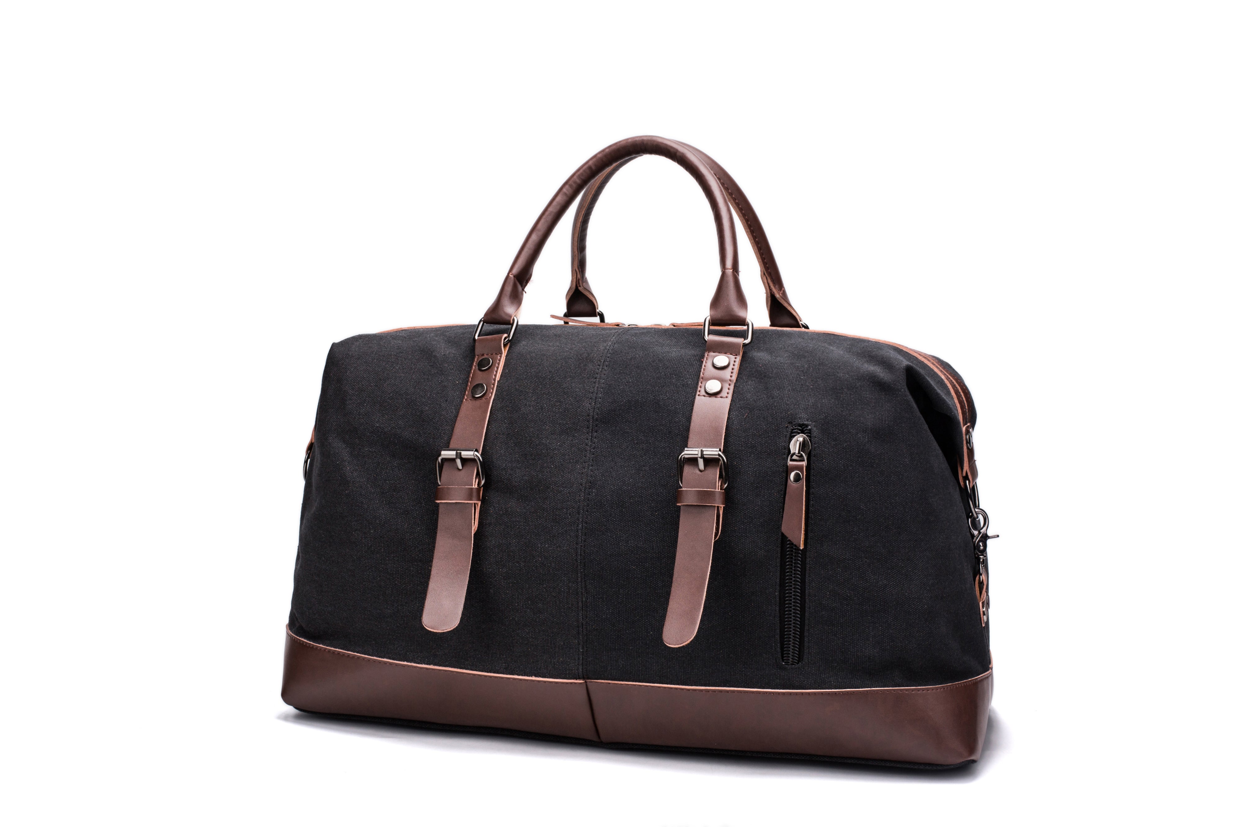 A black and brown Parvus 42L Duffel Bag, perfect as a weekend bag, travel bag, and carry-on luggage. This stylish and durable bag features seven pockets and genuine leather accents, making it ideal for short getaways, longer trips, and daily use.