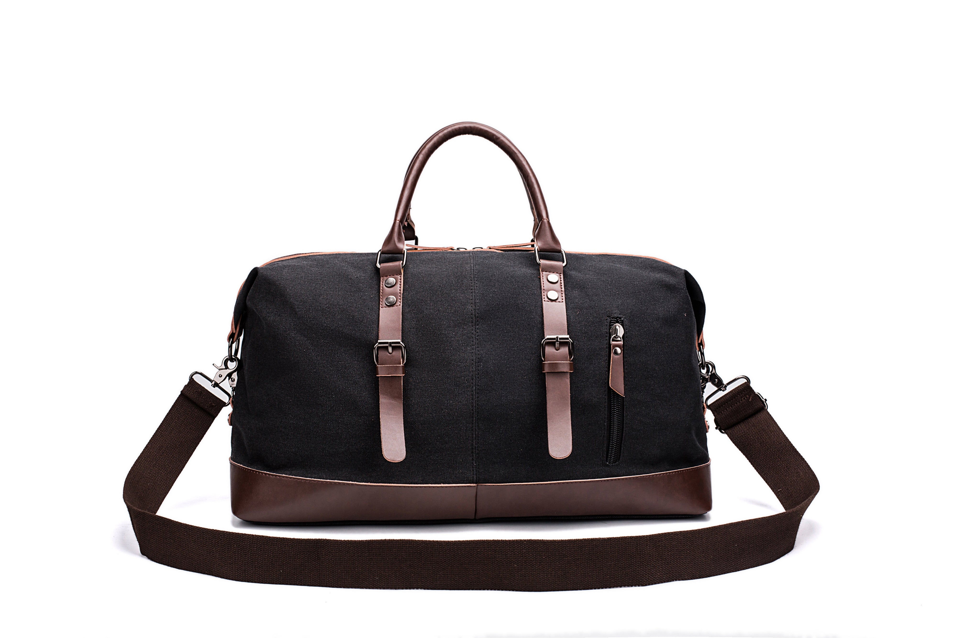 A black and brown Parvus 42L Duffel Bag, perfect as a weekend bag, travel bag, and carry-on luggage. This stylish and durable bag features seven pockets and genuine leather accents, making it ideal for short getaways, longer trips, and daily use.