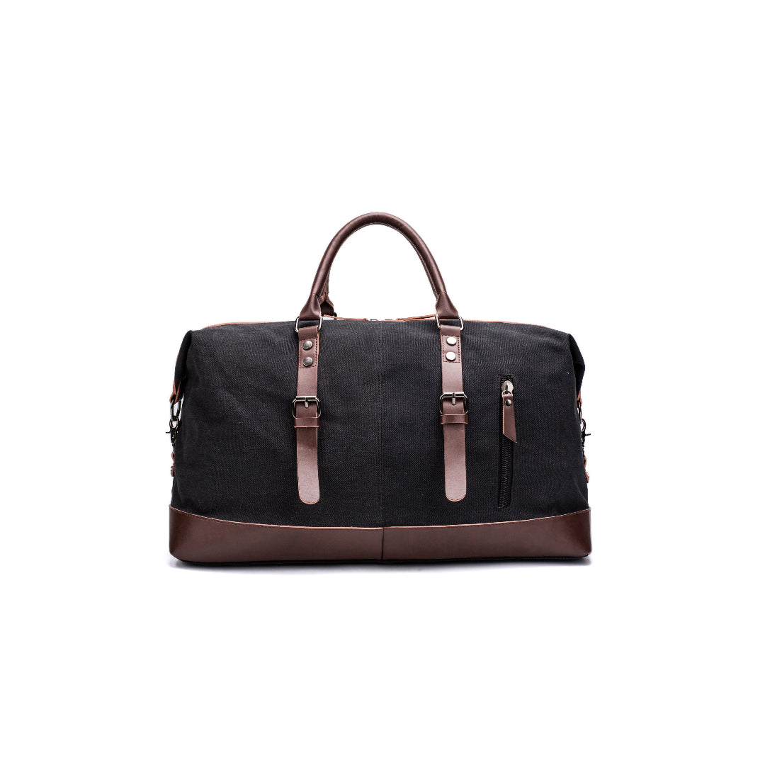 A black and brown Parvus 42L Duffel Bag, perfect as a weekend bag, travel bag, and carry-on luggage. This stylish and durable bag features seven pockets and genuine leather accents, making it ideal for short getaways, longer trips, and daily use.