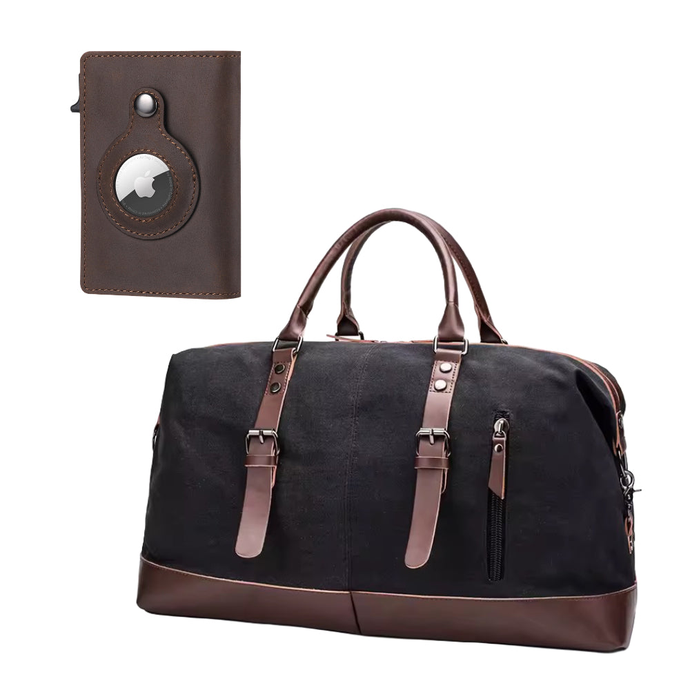 Ultimate Travel Bundle featuring the AirTag Wallet and Parvus 42L Duffel Bag. AirTag Wallet: genuine leather, RFID & NFC blocking, Apple AirTag slot. Parvus 42L Duffel: durable canvas, genuine leather accents, 42-liter capacity, 7 pockets, carry-on friendly. Ideal for travel, ensuring convenience, style, and security.